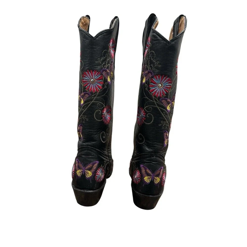 Cowboy Pro Black Leather Western Boots Floral Butterfly Embroidered Handmade 6.5